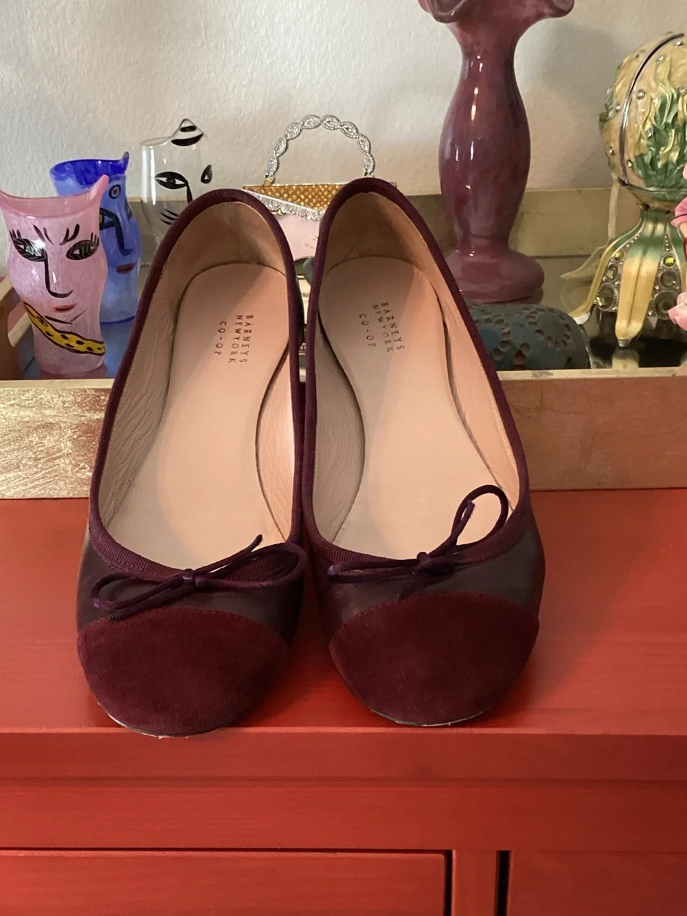 Barneys New York CO-OP Burgundy Ballet Flats with Mint Heel Accent